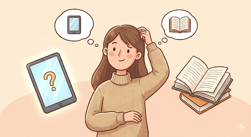 タブレットか紙かまよっているママのイラスト